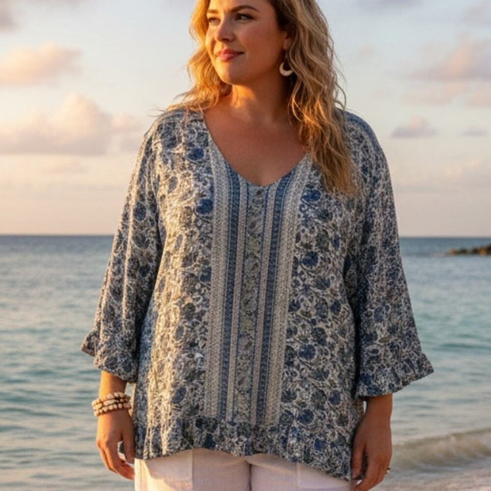 Cynthia Rowley Peasant Top Size 3X Mixed Print Floral Cottagecore Woman Blouse